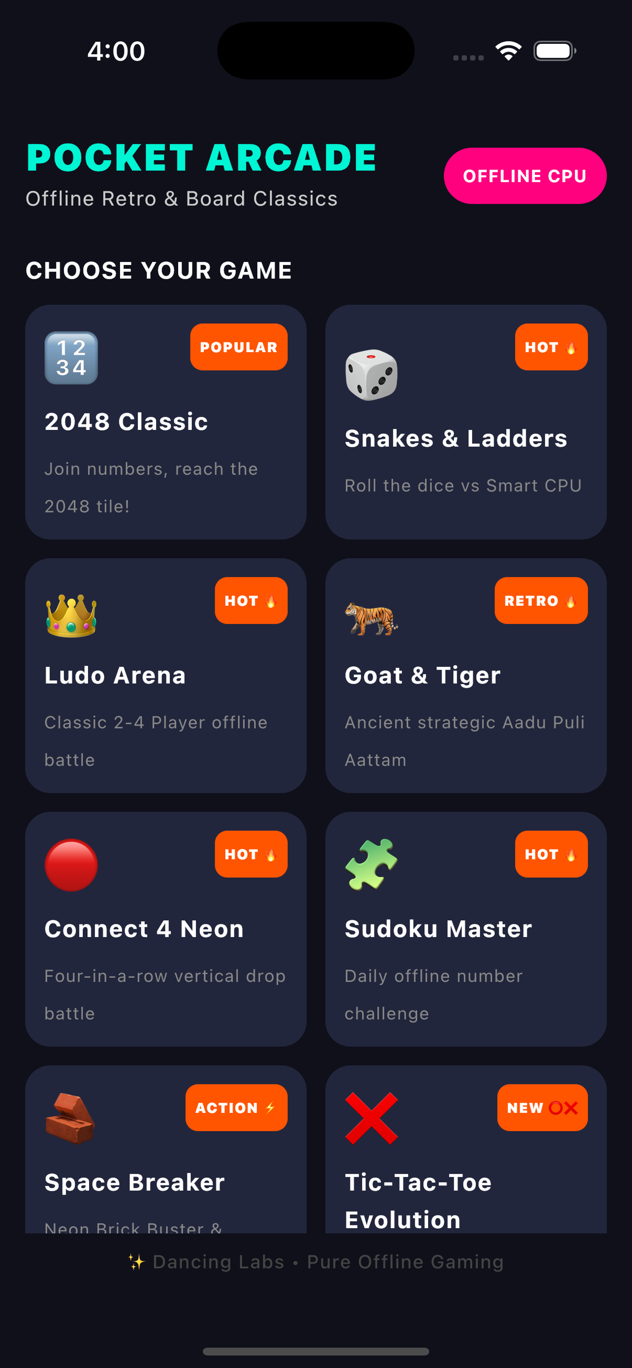 Dancing Labs Pocket Arcade App Screen - 8-in-1 Retro & Board Classics Hub